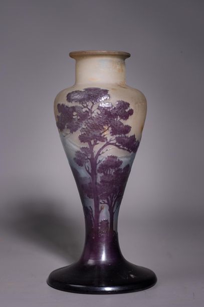 null ETABLISSEMENT GALLE. VASE en verre gravé à décor d'un paysage de montagne. Il...