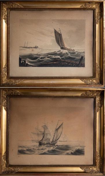 null [MARINE] Ch. ROSENBERG "Marine" Paire d'aquarelles signées. Angleterre. 18,5...