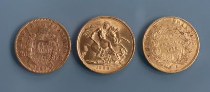 null 2 PIECES Napoléon III tête nue en or de 1858 et 1866 et 1 souverain Elisabeth...