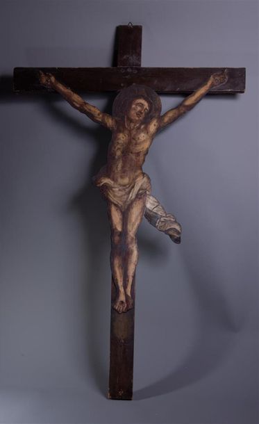 null CHRIST en croix, peinture sur un plaque de métal découpée et rivetée. Croix...