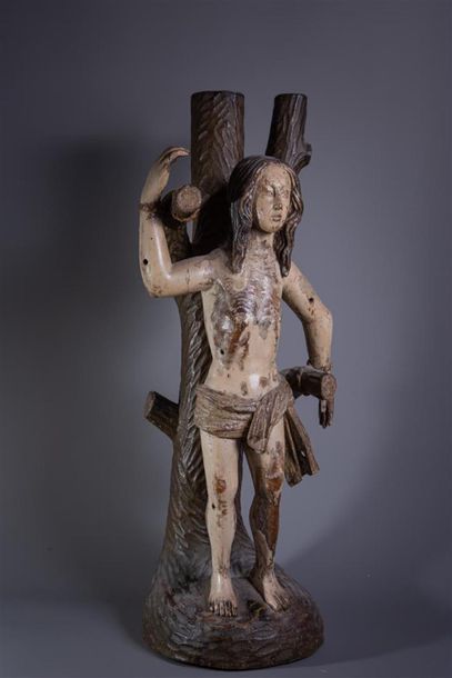 null AMERIQUE DU SUD, SAINT SEBASTIEN, sculpture en bois polychrome, XIXe. 
H : 56...