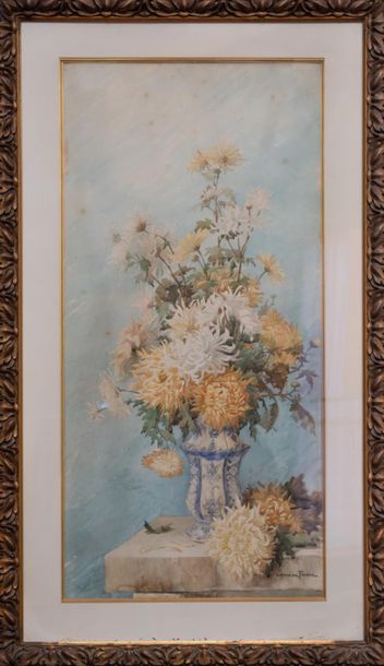 null ECOLE fin XIXe "Bouquet de pivoines sur un entablement" Grande aquarelle signée...