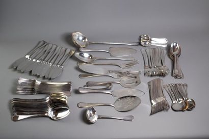 null [SILVER] PART OF HOUSEHOLDING of 106 pieces in silver model 1930 monogrammed...