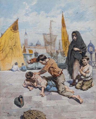 null Adrien Emmanuel MARIE (1848-1891) "Enfants des rues se bagarrant sur les quais...