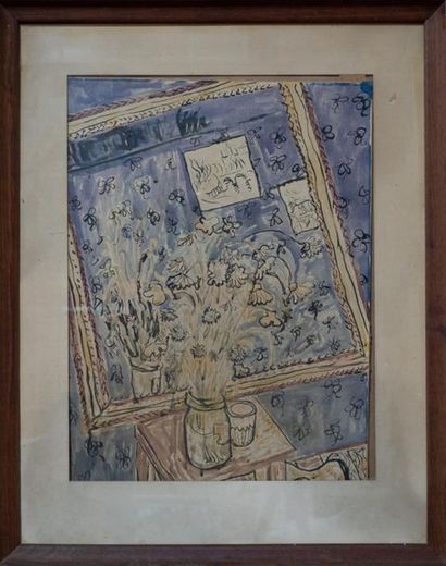null ECOLE FRANCAISE dans le goût de Matisse "Bouquet devant un miroir" Aquarelle....