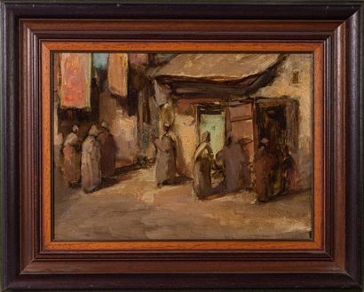 null Jeronimo MUÑIZ (1938) "Personnages dans une ruelle marocaine" Huile sur isorel....