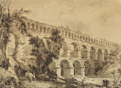 Ecole Française du XVIIIe siècle "Paysage du Pont du Gard animé de personnages",...