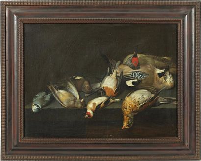 Attribué à Jan FYT (1611-1661) "Nature morte au gibier à plumes", huile sur toile...