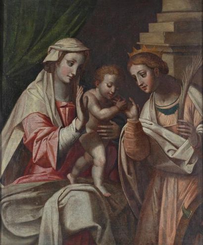 ECOLE ITALIENNE, fin du XVIe siècle "Mariage mystique de Saint Catherien d'Alexandrie",...