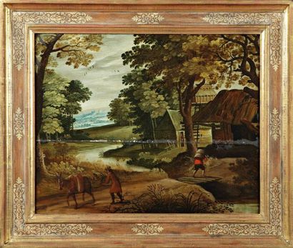 ECOLE FLAMANDE, 1ère moitié du XVIIe siècle "Chemin dans un sous-bois avec des colporteurs"Huile...