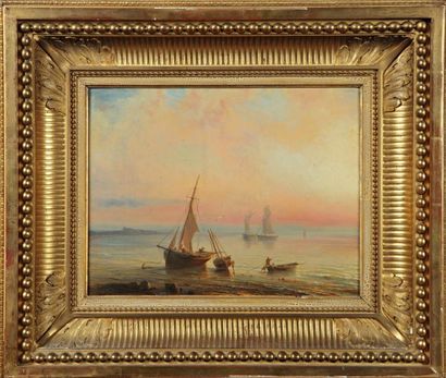 GUDIN Théodore (1802-1880) "Marine au soleil couchant", Huile sur toile, signé en...