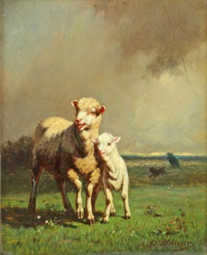 Arsène-Desiré d' HAUSSY (1830-1873) "Moutons en paturage" Huile sur toile. Signée...