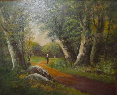 ECOLE FRANCAISE DU XIXe siècle "Boisière sur le sentier", Huile sur toile, 46,5 x...