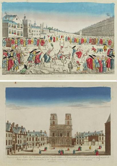 null "Saint Eustache" et "Les cocus volontaires", deux GRAVURES polychrome rehaussées,...