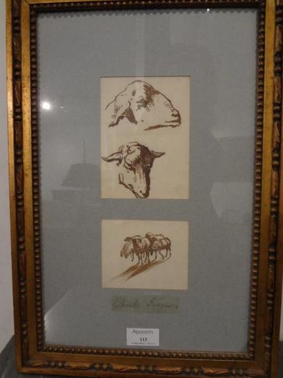 Charles Emile JACQUE (1813-1894) Deux dessins au lavis (dans un encadrement) « Etudes...