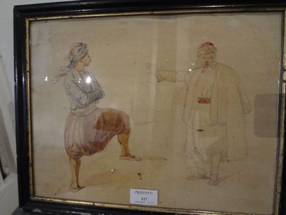 Ecole du XIXème siècle orientaliste Dessin à la mine de plomb et aquarelle, "Deux...