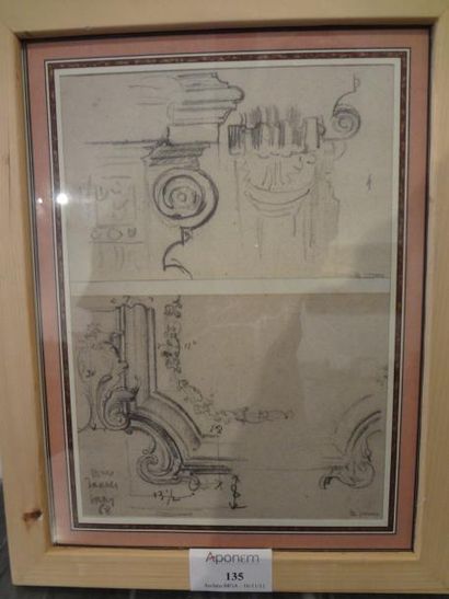 Henri Lehmann Projet de décor Crayon sur papier, deux dessins sur un montage cachet...