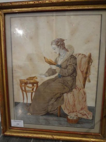 Ecole française du début du XIXème siècle "Femme à la lecture", aquarelle, collage...