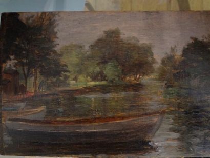 Henri SOLLIER (1886-1966) "Barques au bord e l'eau", huile sur panneau, 12 x 18 cm,...