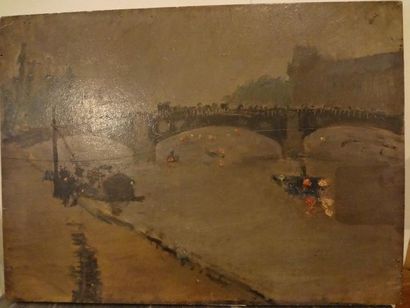 Attribué à Luigi LOIR (1845-1916) « Le pont du Carrousel au crépuscule », Huile sur...