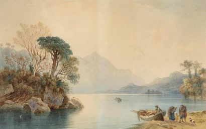 FRANCIA Alexandre Thomas (1813-20/1884) " lac de Montagne en Italie et pêcheurs "...