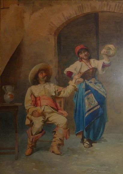 DE ANGELIS Domenico (1852-1904) "La danse gitane" Aquarelle, signée en bas à droite...