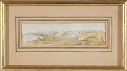 HUET Paul (1804-1869) « Falaises en Normandie » Aquarelle et mine de plomb 5 x 18,5...