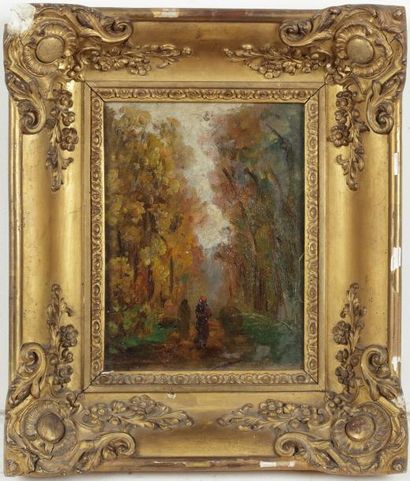 HUET Paul (1803-1869) "Une allée d'ormes en automne" Huile sur carton 21 x 17 cm....
