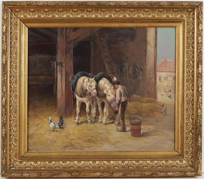 JACQUE Frédéric (1859-1931) "Chevaux à l'écurie" Huile sur toile, signée en bas à...