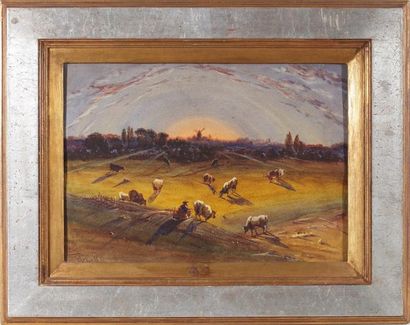 HEROULT Antoine-Désiré (1802-1853) « Vaches au pâturage et moulin au soleil couchant...