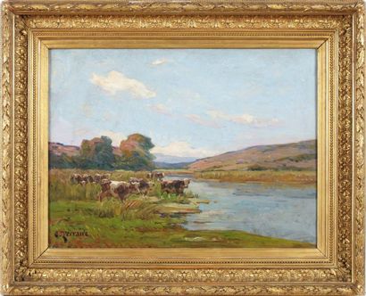 TERRAIRE Clovis (1858-1931) "Troupeau près du lac" Huile sur toile, signée en bas...