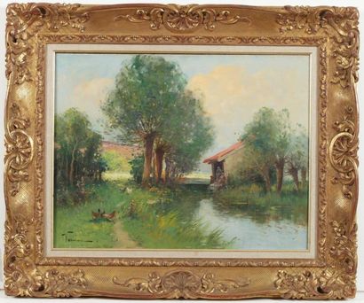 VERNON Paul (1796-1875) "Lavoir près de la rivière" Huile sur toile, signée en bas...