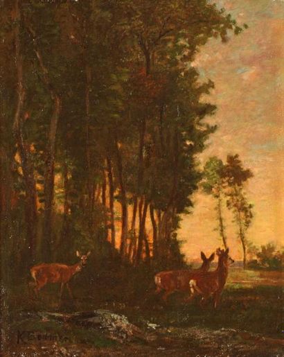 BODMER Karl (1809-1893) "Biche en foret", Huile sur panneau, signé en bas à gauche,...