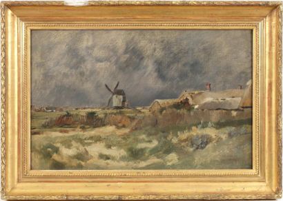 YON Edmond Charles Joseph (1836-1907) « Moulin dans les landes normandes » Huile...