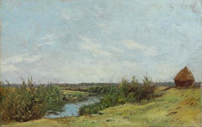 YON Edmond Charles (1836-1897) "Meule au bord de la rivière" Huile sur toile, signée...