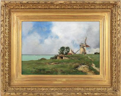 GUILLEMET Jean Baptiste Antoine (1843-1918) « Moulin en Bretagne » Huile sur panneau,...