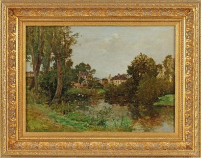 LEVIS Maurice (1860-1940) "Village près de l'étang" Huile sur toile, signée et datée...