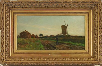 DAMOYE Pierre Emmanuel Eugène (1847-1916) "Le retour des champs près du moulin" Huile...