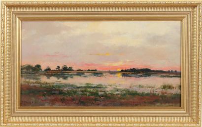 DAMOYE Pierre Emmanuel Eugène (1847-1916) « Soleil couchant sur l'étang, en Sologne...