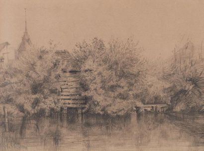 FLERS Camille (1802-1868) « Un village au bord de l'eau », Dessin au crayon, signé...