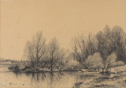 FLERS Camille (1802-1868) « Les barques au bord de l'eau », Dessin au crayon gras,...