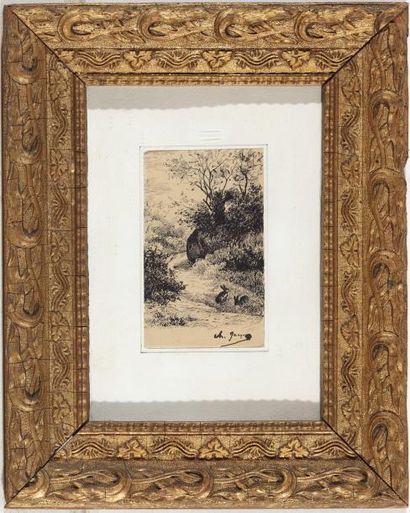 JACQUE Charles Emile (1813-1894) "Les petits lapins" Encre, signé en bas à droite...
