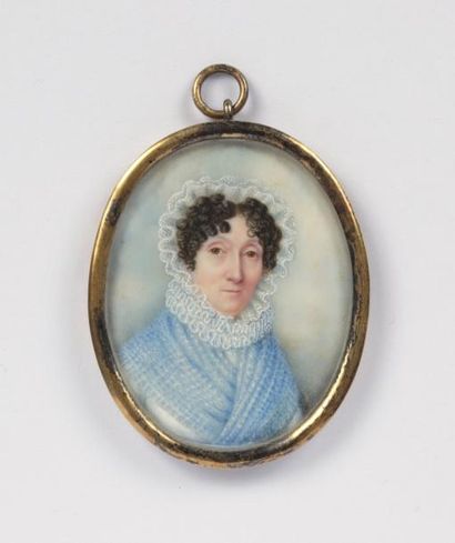 Ecole française vers 1825 Femme au bonnet de dentelle et châle bleu, sur fond de...