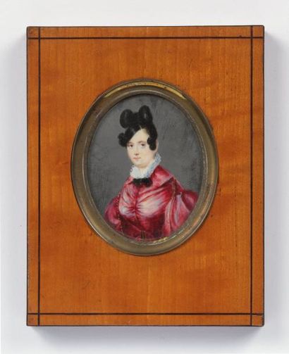 Ecole française du XIXe siècle Femme en robe framboise, chignon à noeud Apollo. Miniature...