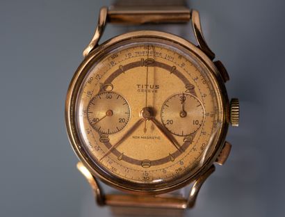 null TITUS - GENEVA. Round CHRONOGRAPHIC WATCH with 18K gold case. Copper dial with...