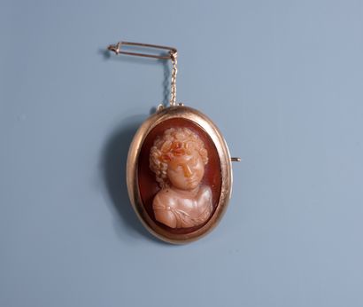 null A carnelian and 18 ct gold CAMEE pin decorated with a bust of Adonis in high...