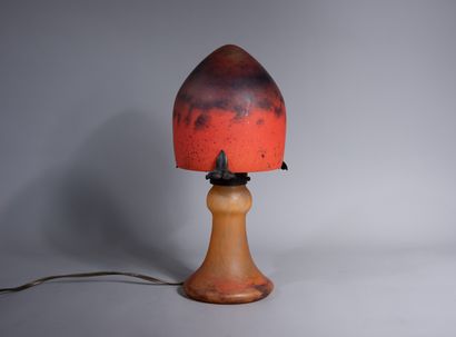 null MÜLLER Brothers Lunéville. Mushroom lamp in orange and brown marmorated glass....
