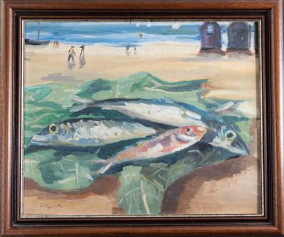 null Antonio CORPORA (1909-2004) " Beach shore, red mullet and mackerel " Oil on...