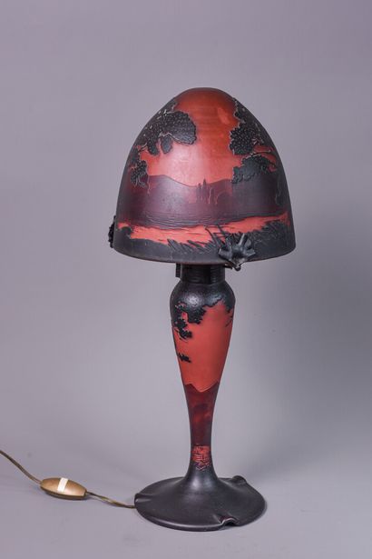 null MÜLLER Fres. Lunéville. Mushroom lamp in glass with turning decoration of landscapes...