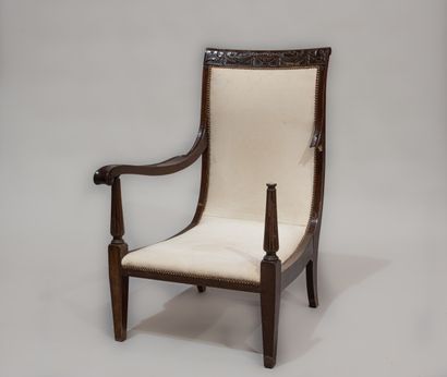 null Exotic wood armchair with a carved vase in the Antique style surrounded by stylized...